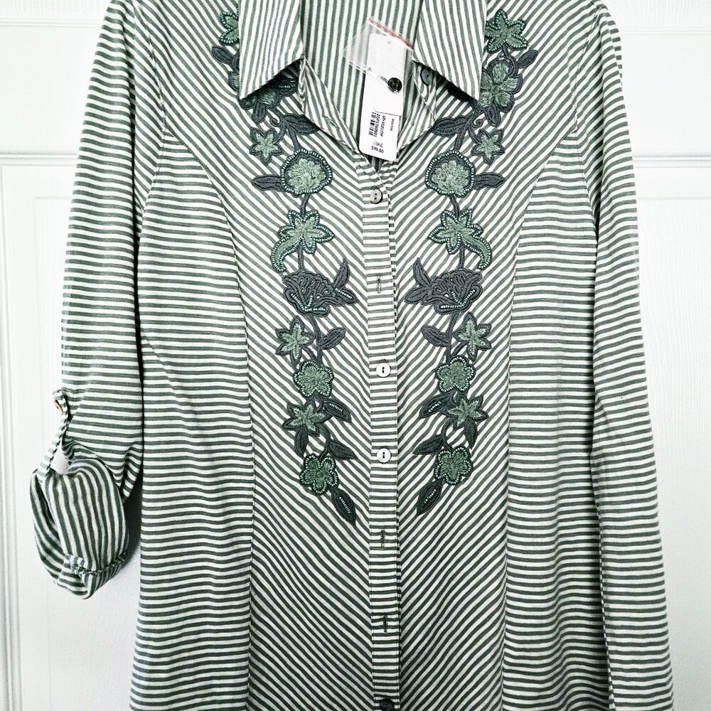 Soft Surroundings Tunic Top Stretch Knit Button Up Large Embroidered Beaded NWT